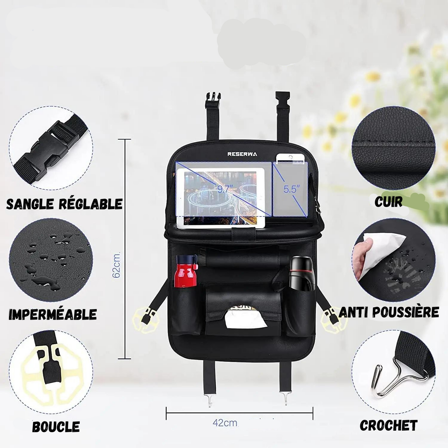 Organisateur de siège de voiture avec plateau pliable en cuir